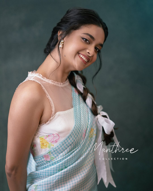 Keerthy suresh blue linen saree