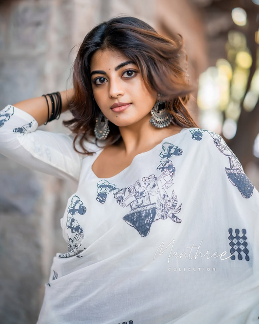 Kayal Anandhi white Mangalagiri cotton saree