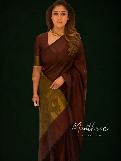 Nayanthara maroon cotton Tissue zari pallu with gold border blouse