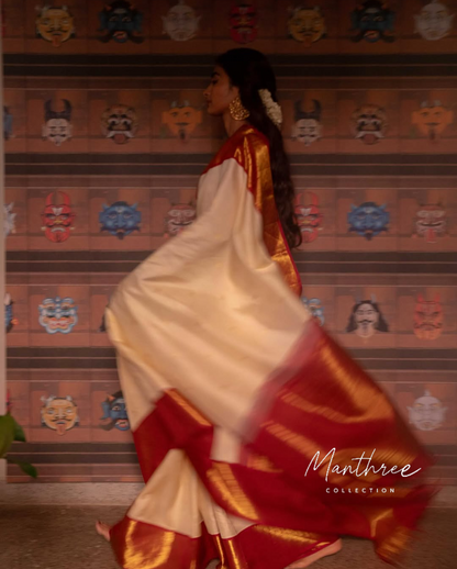 Pooja cream and red kanchipuram silk saree