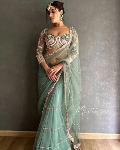 Designer Net Embellished Saree With Diamond Work Dori And sequence Work