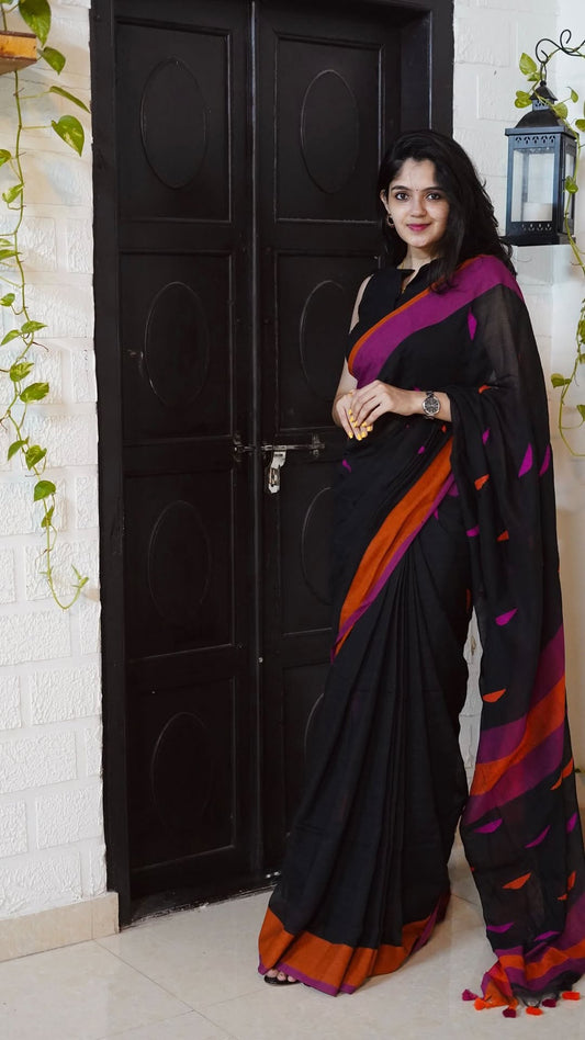 Black cotton linen saree
