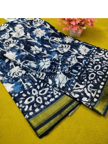 Ethnic chanderi cotton indigo print saree