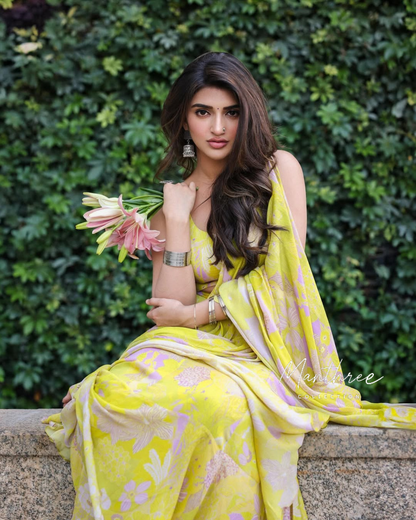 Sreeleela yellow linen saree