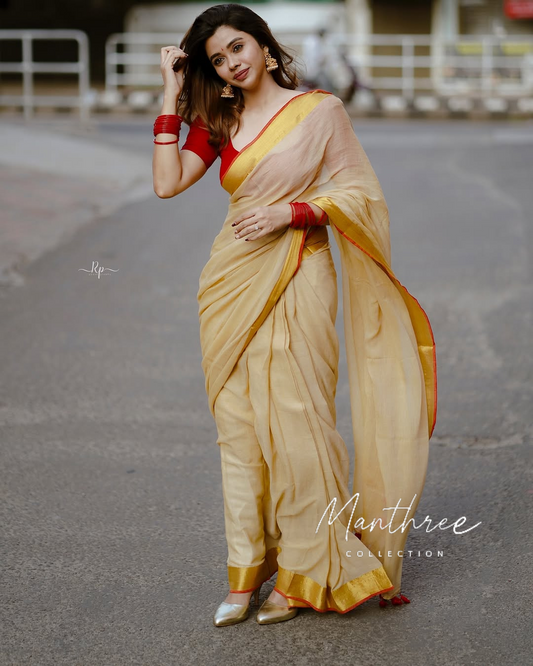 Linen handloom cream saree
