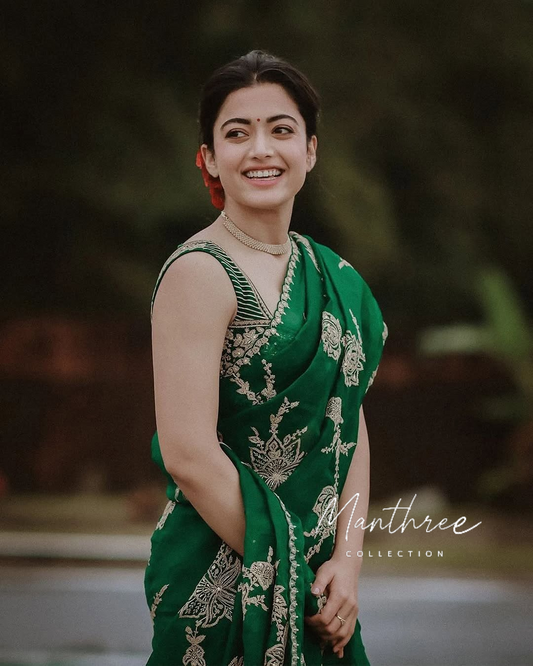 Rashmika in green embroidery saree