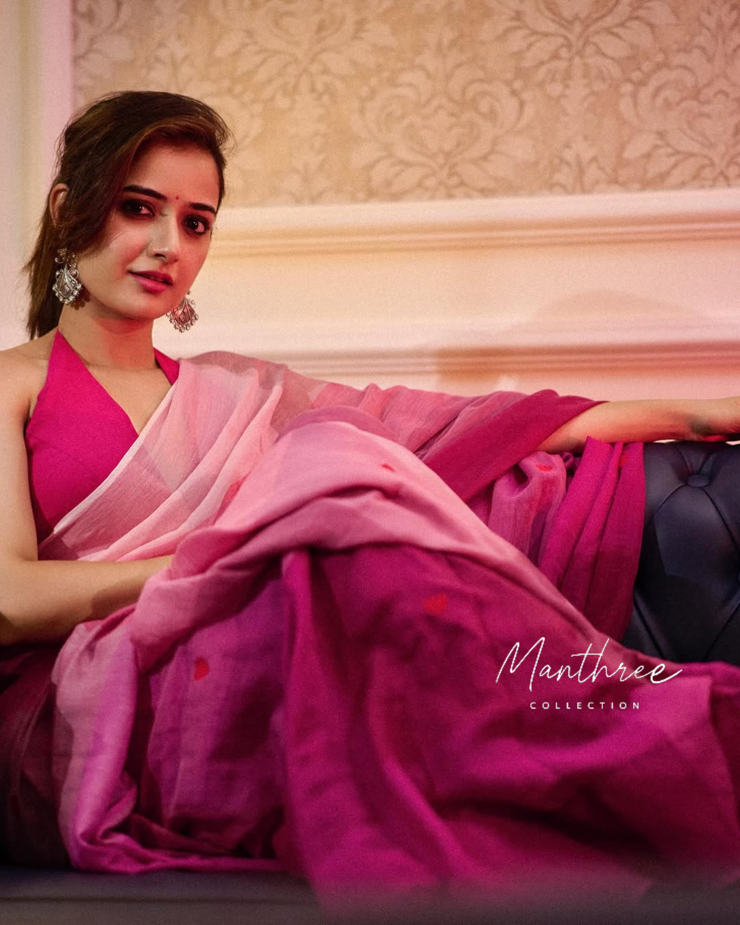 Ashika pink linen saree