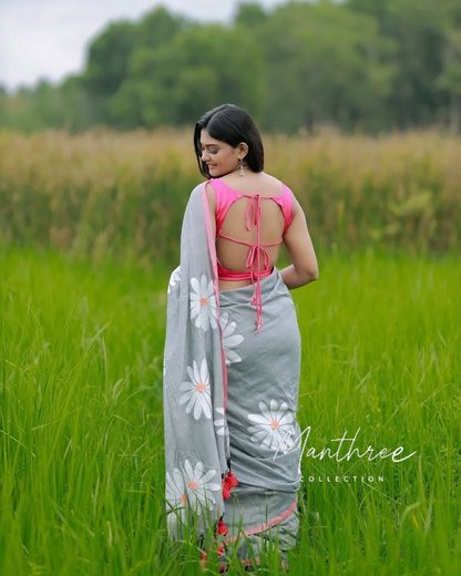 Grey floral khadi cotton saree