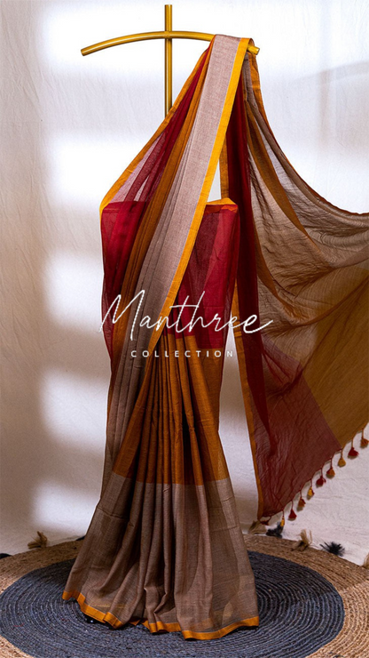 Multicolor Mulmul Cotton Saree With Tassels