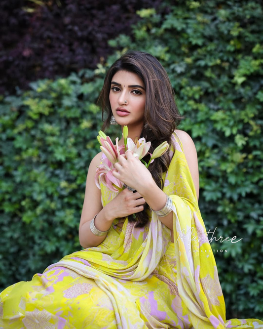Sreeleela yellow linen saree
