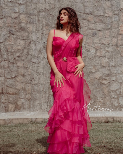 Sreeleela pink ruffle frill saree