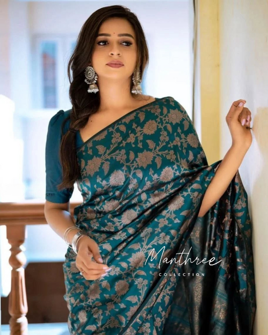 Trending teal blue kanchipuram silk saree