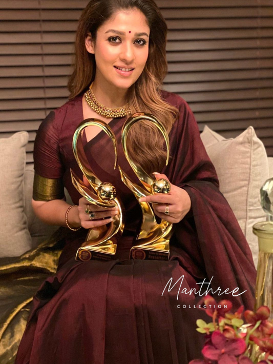 Nayanthara maroon cotton Tissue zari pallu with gold border blouse