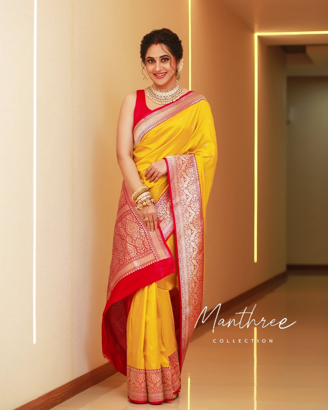 Mia george Yellow silk saree