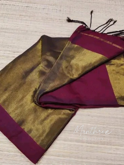 Nayanthara maroon cotton Tissue zari pallu with gold border blouse