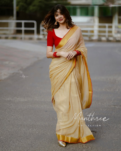 Linen handloom cream saree