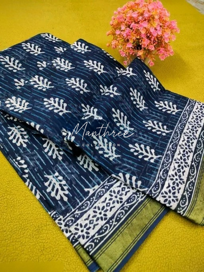 Ethnic chanderi cotton indigo print saree