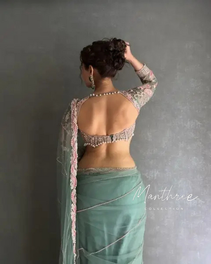 Designer Net Embellished Saree With Diamond Work Dori And sequence Work