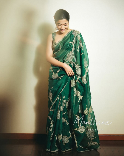 Rashmika in green embroidery sarees