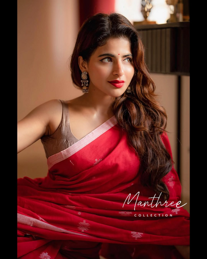 Iswarya memon red khadi cotton saree